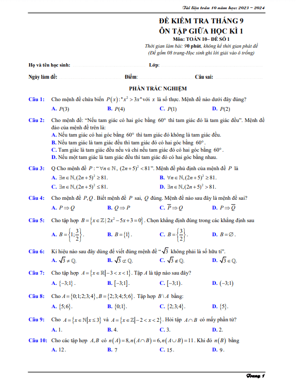 04 đề ôn tập kiểm tra giữa học kì 1 môn Toán 10 năm học 2023 – 2024