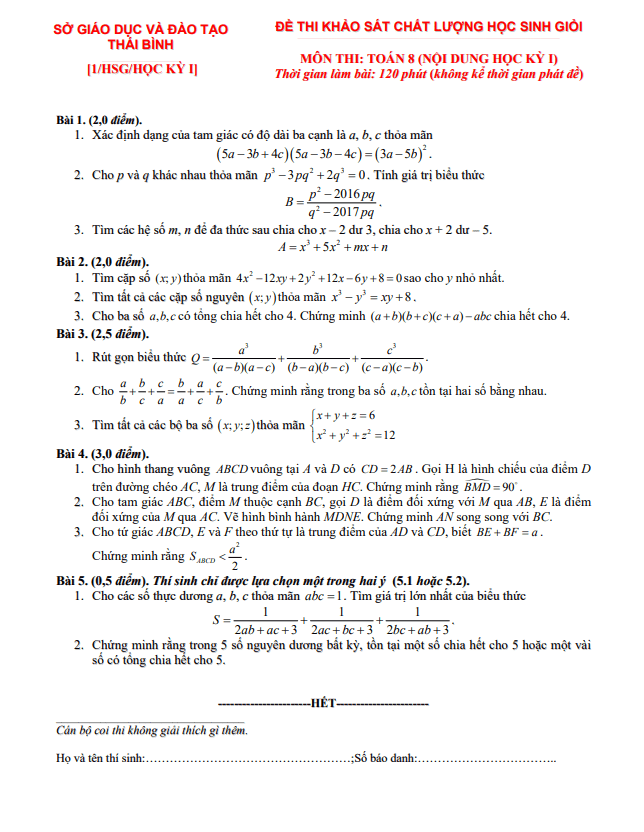 10 đề khảo sát chất lượng học sinh giỏi môn Toán 8 (nội dung HK1)