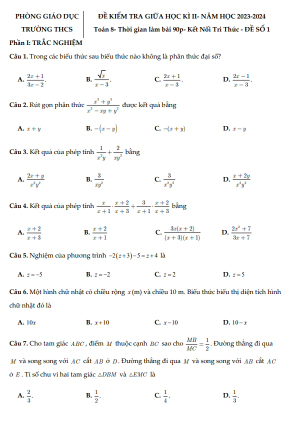 10 đề kiểm tra giữa học kì 2 Toán 8 KNTTVCS năm 2023 – 2024