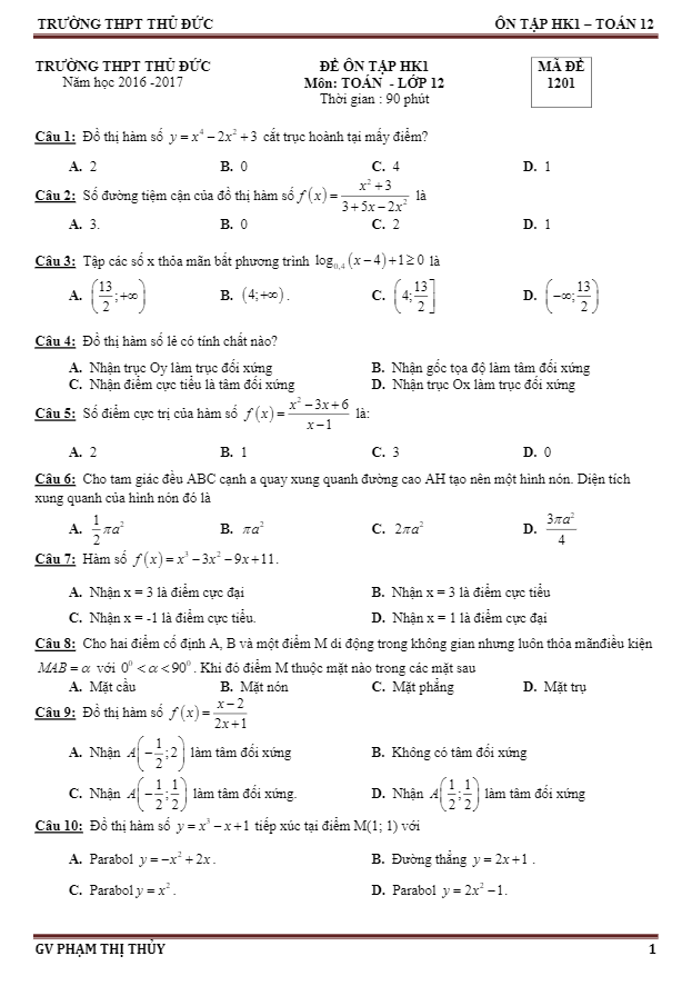 10 đề ôn tập HKI Toán 12 – THPT Thủ Đức, TP. HCM