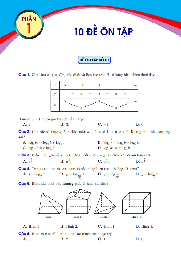 10 đề ôn tập thi học kì 1 Toán 12 có đáp án và lời giải chi tiết