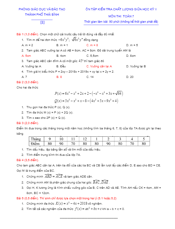 10 đề thi chất lượng giữa học kỳ 2 Toán 7