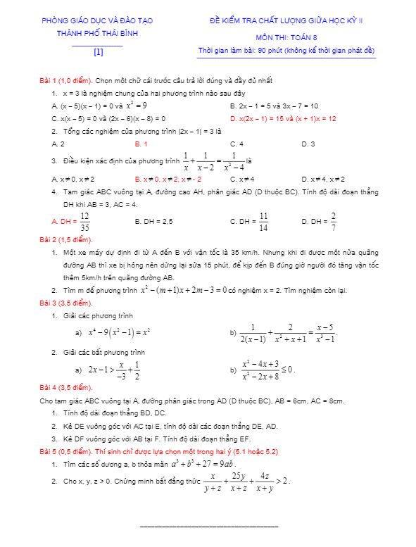 10 đề thi chất lượng giữa học kỳ 2 Toán 8