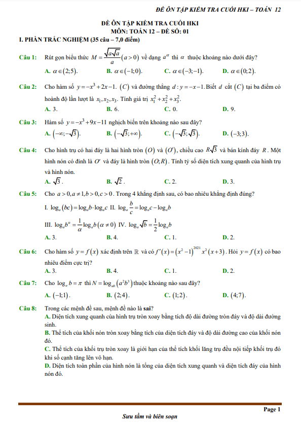 12 đề ôn tập kiểm tra cuối học kì 1 môn Toán 12 (70% TN + 30% TL)