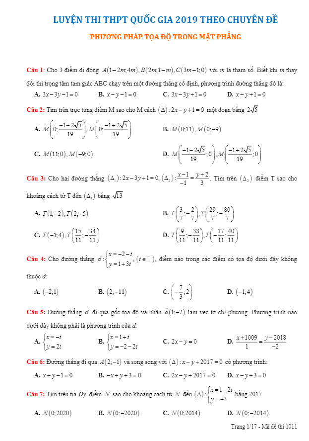 135 bài tập trắc nghiệm phương pháp tọa độ trong mặt phẳng – Trần Quang Thuận