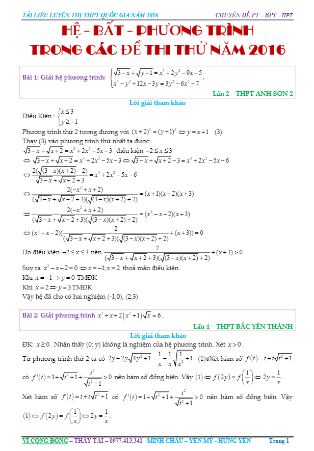 164 bài toán hệ – bất – phương trình trong các đề thi thử Quốc gia 2016 – Trần Văn Tài