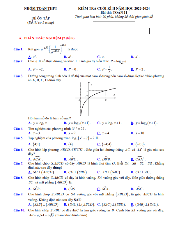 18 đề ôn tập kiểm tra cuối kì 2 Toán 11 năm 2023 – 2024 (70% TN + 30% TL)
