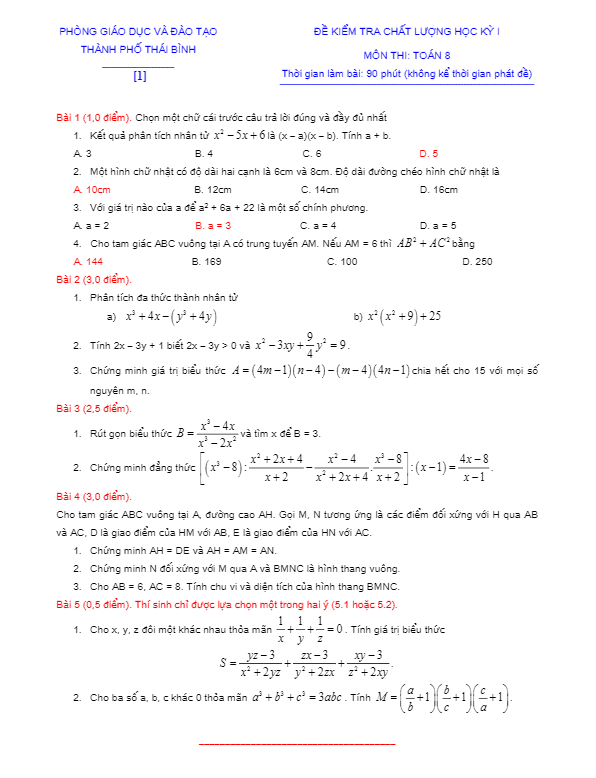 20 đề ôn tập kiểm tra chất lượng học kỳ 1 Toán 8 phòng GD và ĐT thành phố Thái Bình