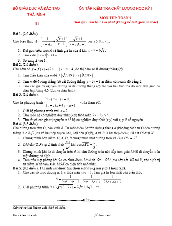 20 đề ôn tập kiểm tra chất lượng học kỳ 1 Toán 9 sở GD và ĐT Thái Bình