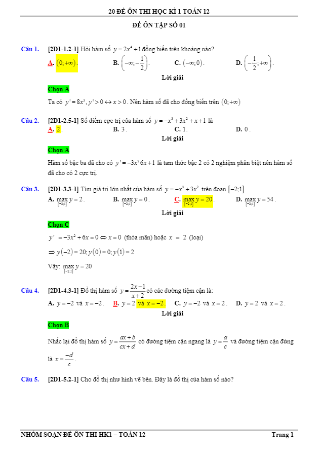 20 đề ôn tập thi học kỳ 1 Toán 12 có đáp án và lời giải chi tiết