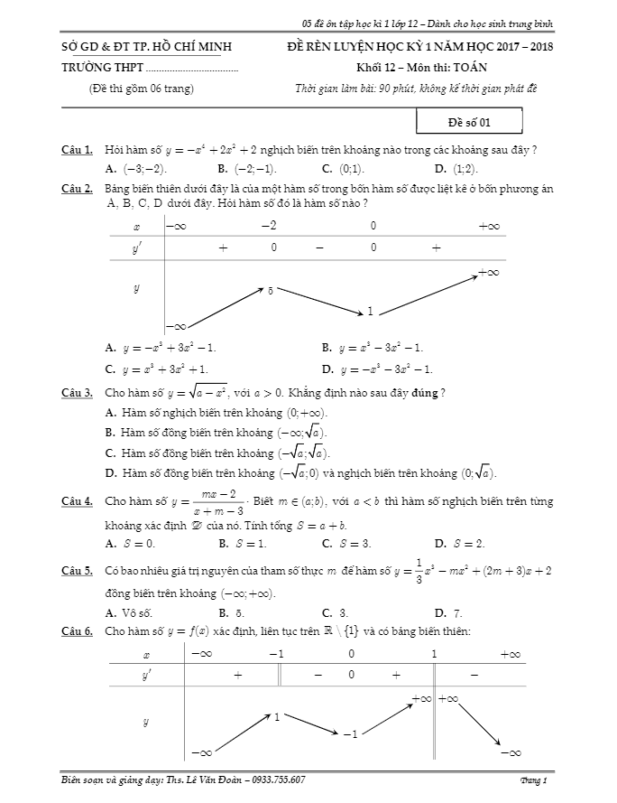 5 đề rèn luyện HKI năm học 2017 – 2018 môn Toán 12 (dành cho học sinh trung bình) – Lê Văn Đoàn