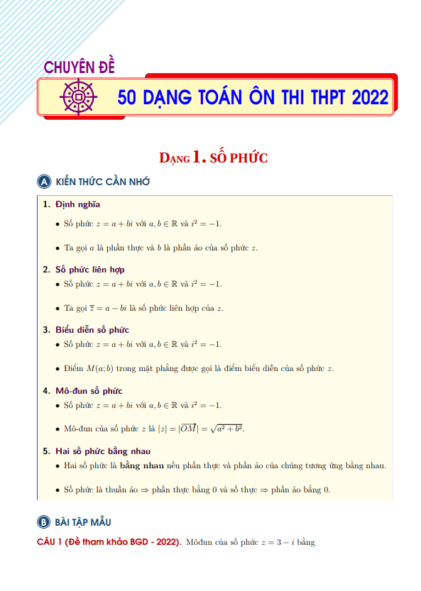 50 dạng toán ôn thi tốt nghiệp THPT năm 2022 môn Toán