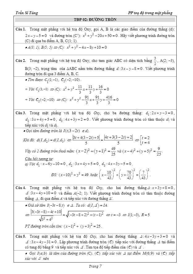 52 bài tập tọa độ phẳng có lời giải – phần đường tròn – Trần Sĩ Tùng