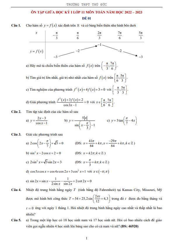 7 đề ôn tập giữa kỳ 1 Toán 11 năm 2022 – 2023 trường THPT Thủ Đức – TP HCM