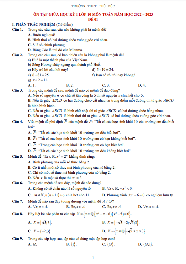 8 đề ôn tập giữa kỳ 1 Toán 10 năm 2022 – 2023 trường THPT Thủ Đức – TP HCM