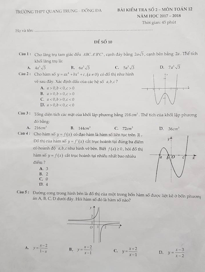 Bài kiểm tra số 2 môn Toán 12 năm học 2017 – 2018 trường THPT Quang Trung – Hà Nội