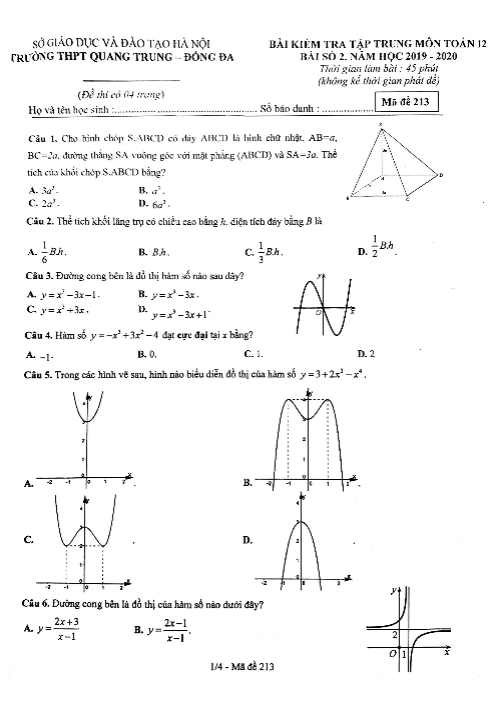Bài kiểm tra số 2 Toán 12 năm 2019 – 2020 trường THPT Quang Trung – Hà Nội