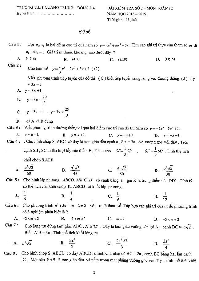 Bài kiểm tra số 2 Toán 12 năm học 2018 – 2019 trường THPT Quang Trung – Đống Đa
