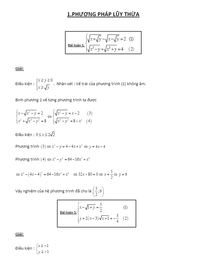 Bài tập phương pháp lũy thừa giải hệ phương trình có lời giải chi tiết