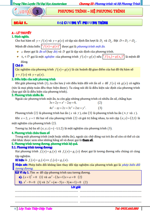 Bài tập phương trình và hệ phương trình – Diệp Tuân