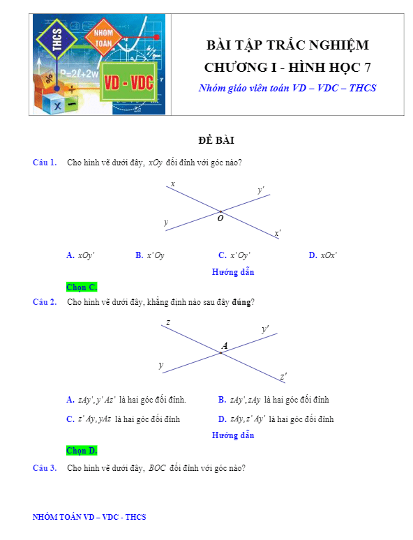 Bài tập trắc nghiệm Hình học 7 chương 1 có đáp án và lời giải
