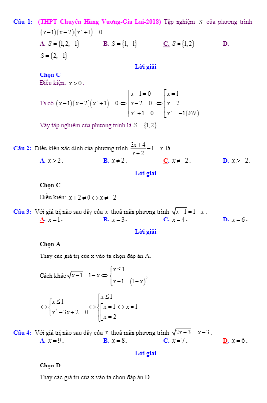 Bài tập trắc nghiệm phương trình và hệ phương trình có lời giải chi tiết