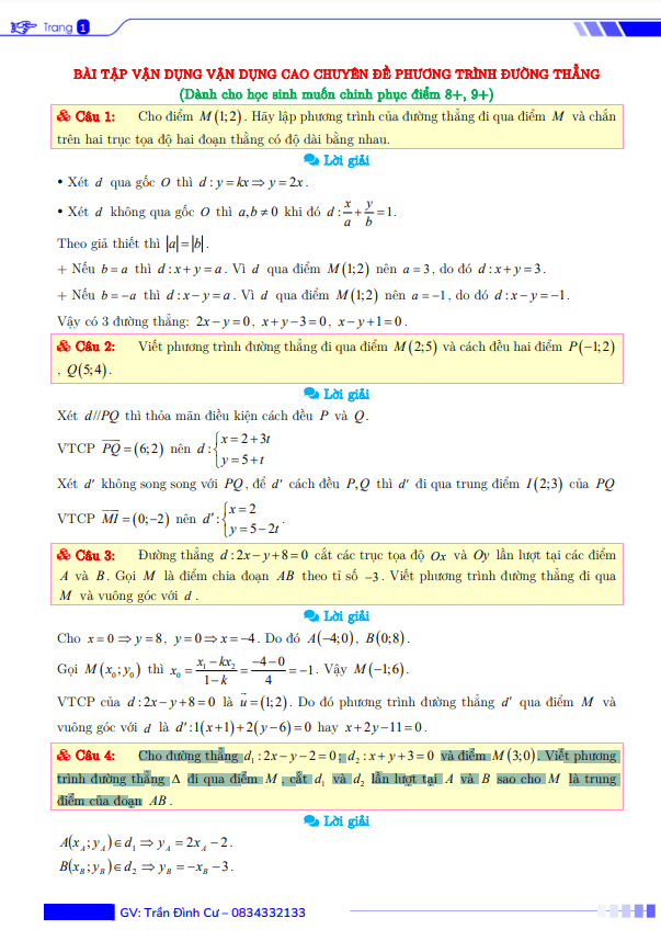Bài tập vận dụng – vận dụng cao chuyên đề phương trình đường thẳng