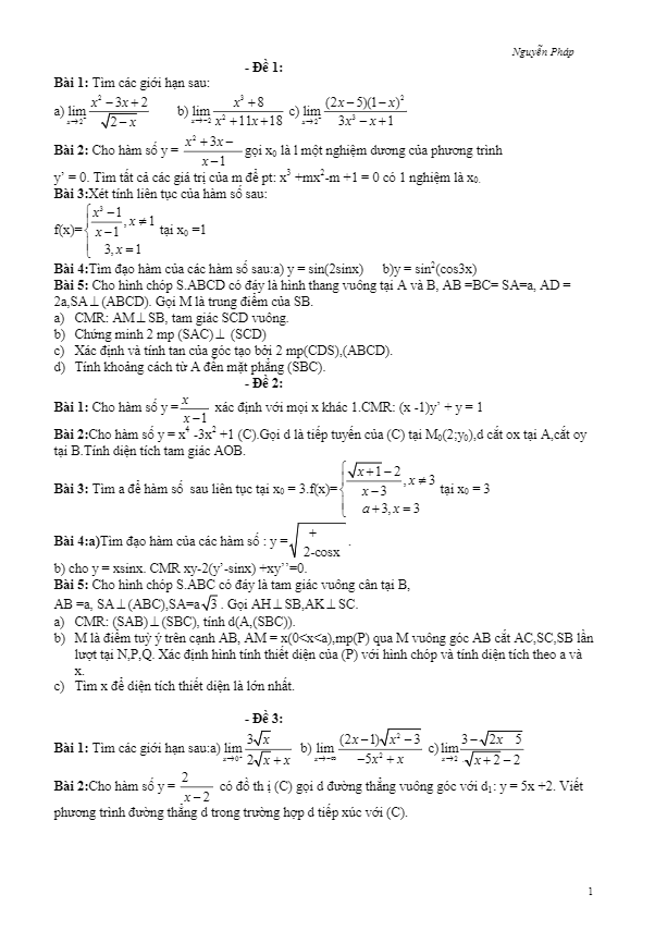 Bộ 22 đề thi HK2 lớp 11 – Nguyễn Pháp