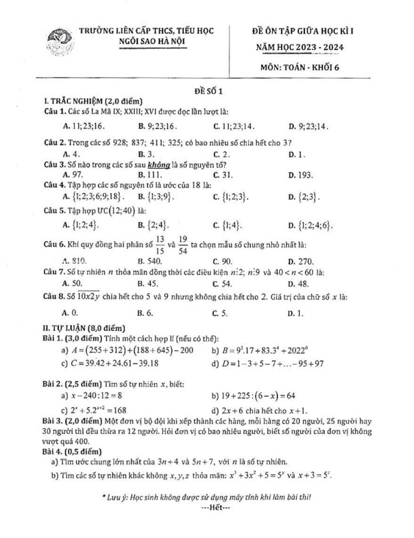 Bộ đề ôn tập giữa kì 1 Toán 6 năm 2023 – 2024 trường TH&THCS Ngôi Sao Hà Nội