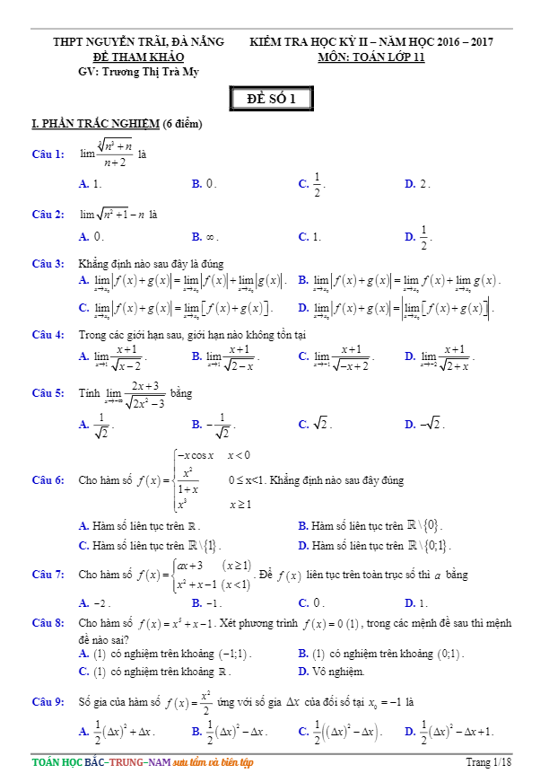 Bộ đề ôn tập HK2 Toán 11 năm học 2016 – 2017 trường THPT Nguyễn Trãi – Đà Nẵng