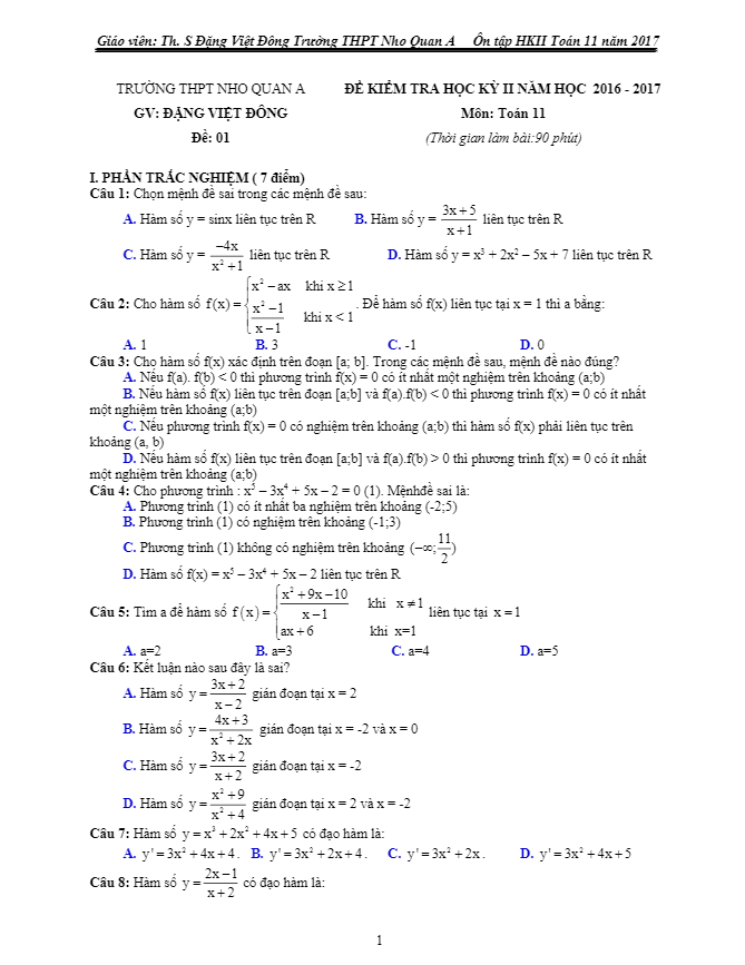 Bộ đề ôn tập HK2 Toán 11 năm học 2016 – 2017 trường THPT Nho Quan A – Ninh Bình