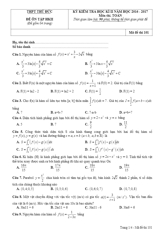 Bộ đề ôn thi học kỳ 2 môn Toán năm học 2016 – 2017 trường THPT Thủ Đức – TP.HCM