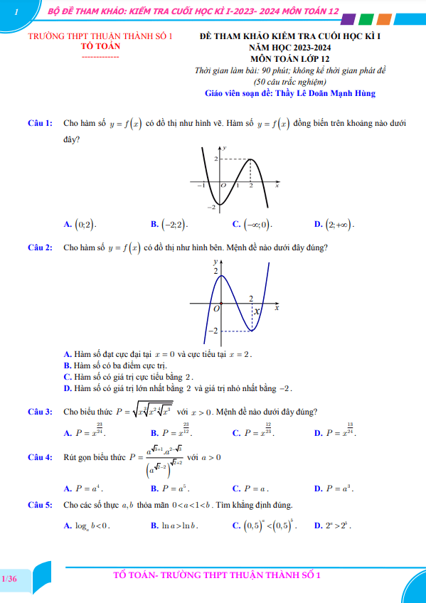 Bộ đề tham khảo cuối kì 1 Toán 12 năm 2023 – 2024 trường Thuận Thành 1 – Bắc Ninh
