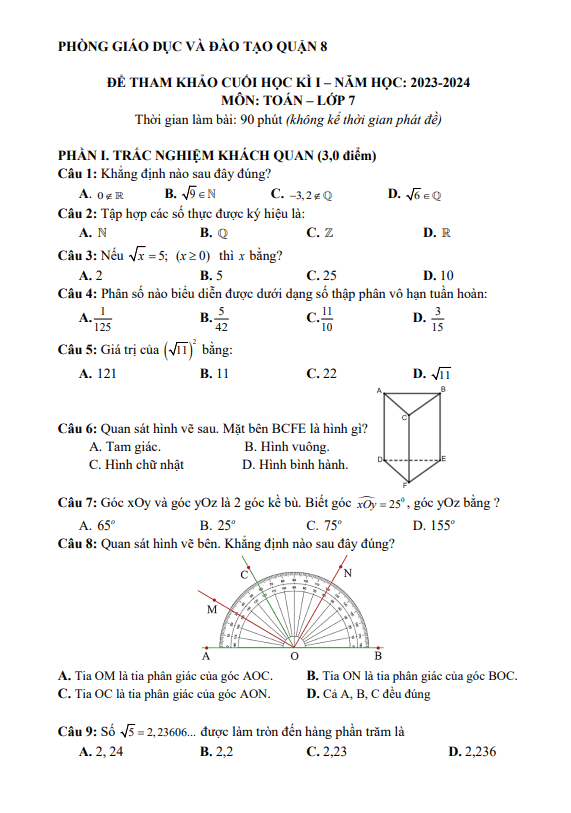 Bộ đề tham khảo cuối kì 1 Toán 7 năm 2023 – 2024 phòng GD&ĐT quận 8 – TP HCM