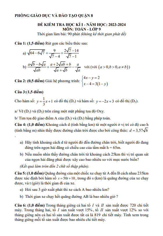 Bộ đề tham khảo cuối kì 1 Toán 9 năm 2023 – 2024 phòng GD&ĐT quận 8 – TP HCM