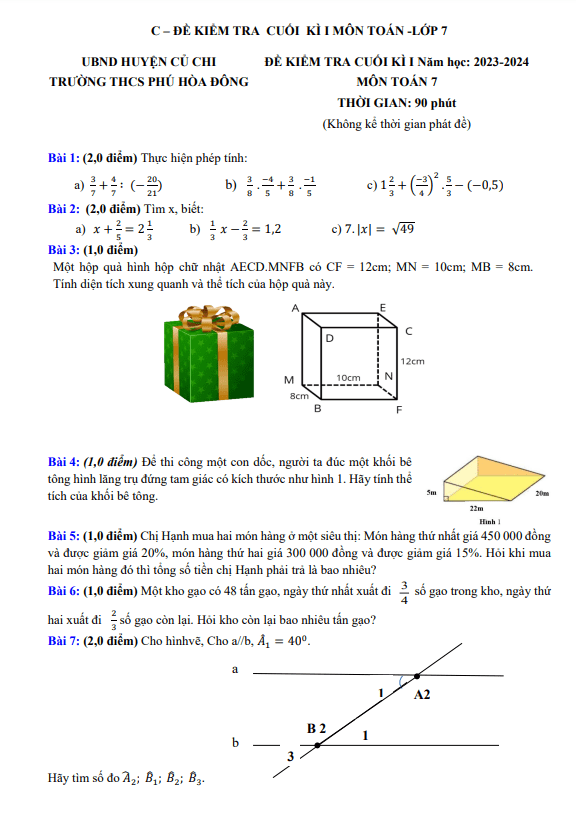 Bộ đề tham khảo cuối kỳ 1 Toán 7 năm 2023 – 2024 phòng GD&ĐT Củ Chi – TP HCM