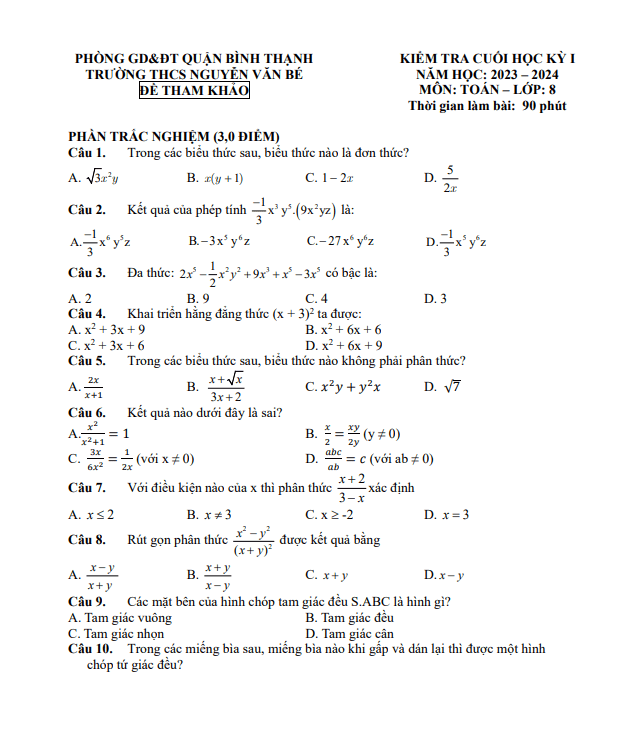 Bộ đề tham khảo cuối kỳ 1 Toán 8 năm 2023 – 2024 phòng GD&ĐT Bình Thạnh – TP HCM