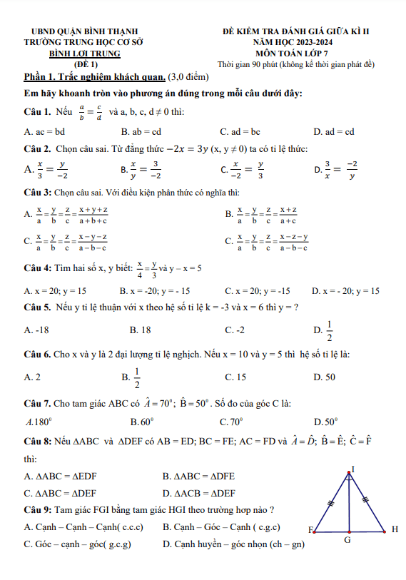 Bộ đề tham khảo giữa kì 2 Toán 7 năm 2023 – 2024 phòng GD&ĐT Bình Thạnh – TP HCM