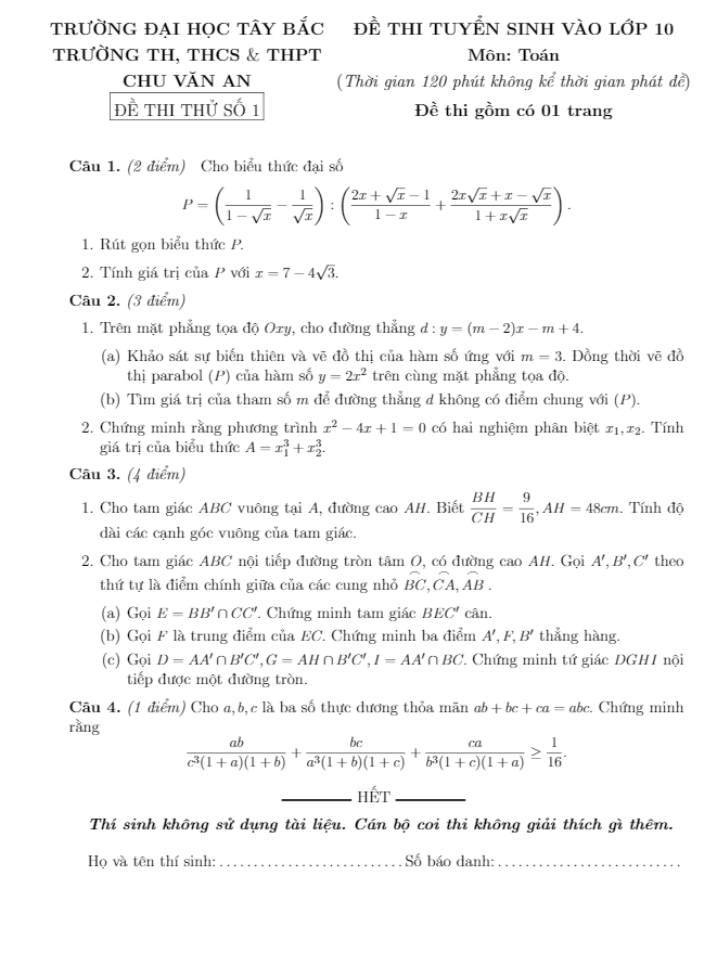 Bộ đề thi thử vào lớp 10 môn Toán năm 2018 trường Chu Văn An – Sơn La