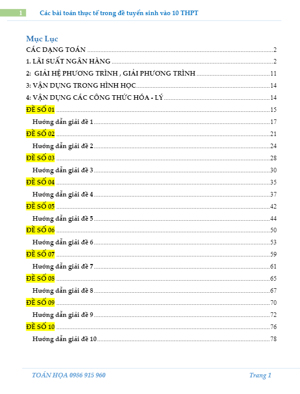 Các bài toán thực tế trong đề tuyển sinh vào 10 THPT