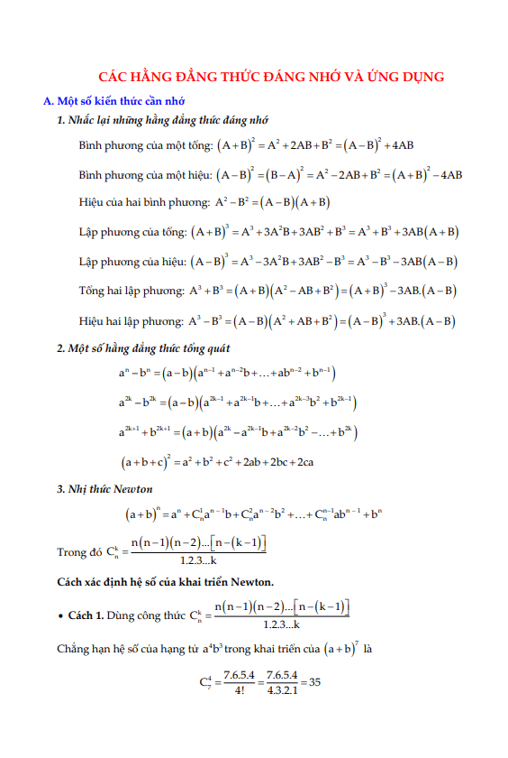 Các hằng đẳng thức đáng nhớ và ứng dụng