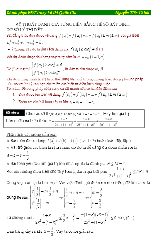 Chinh phục bất đẳng thức bằng phương pháp hệ số bất định và phương pháp tiếp tuyến – Nguyễn Tiến Chinh
