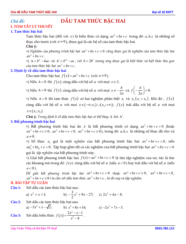 Chủ đề dấu tam thức bậc hai Toán 10 KNTTVCS – Lê Bá Bảo