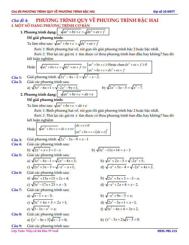 Chủ đề phương trình quy về phương trình bậc hai Toán 10 KNTTVCS