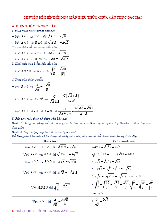 Chuyên đề biến đổi đơn giản biểu thức chứa căn thức bậc hai