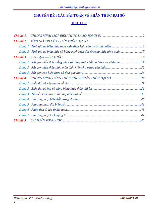 Chuyên đề các bài toán về phân thức đại số bồi dưỡng học sinh giỏi Toán 8