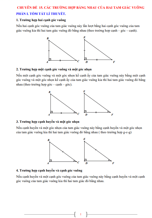 Chuyên đề các trường hợp bằng nhau của tam giác vuông Toán 7