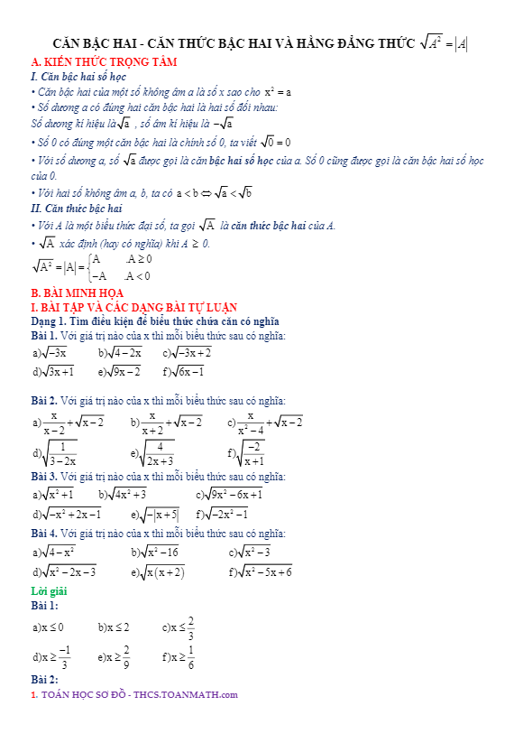 Chuyên đề căn bậc hai, căn thức bậc hai và hằng đẳng thức $sqrt {{A^2}} = left| A right|$