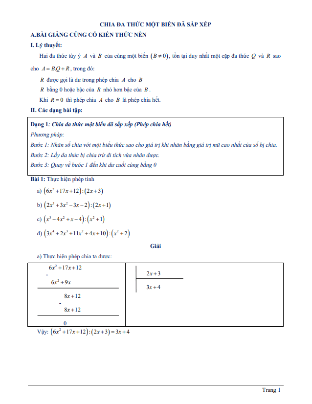 Chuyên đề chia đa thức một biến đã sắp xếp