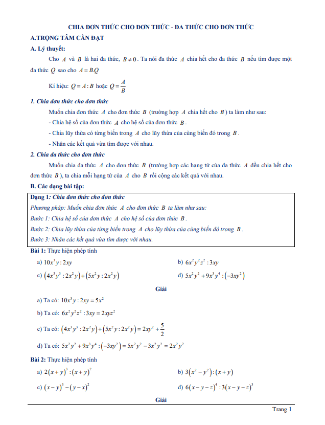 Chuyên đề chia đơn thức cho đơn thức, chia đa thức cho đơn thức